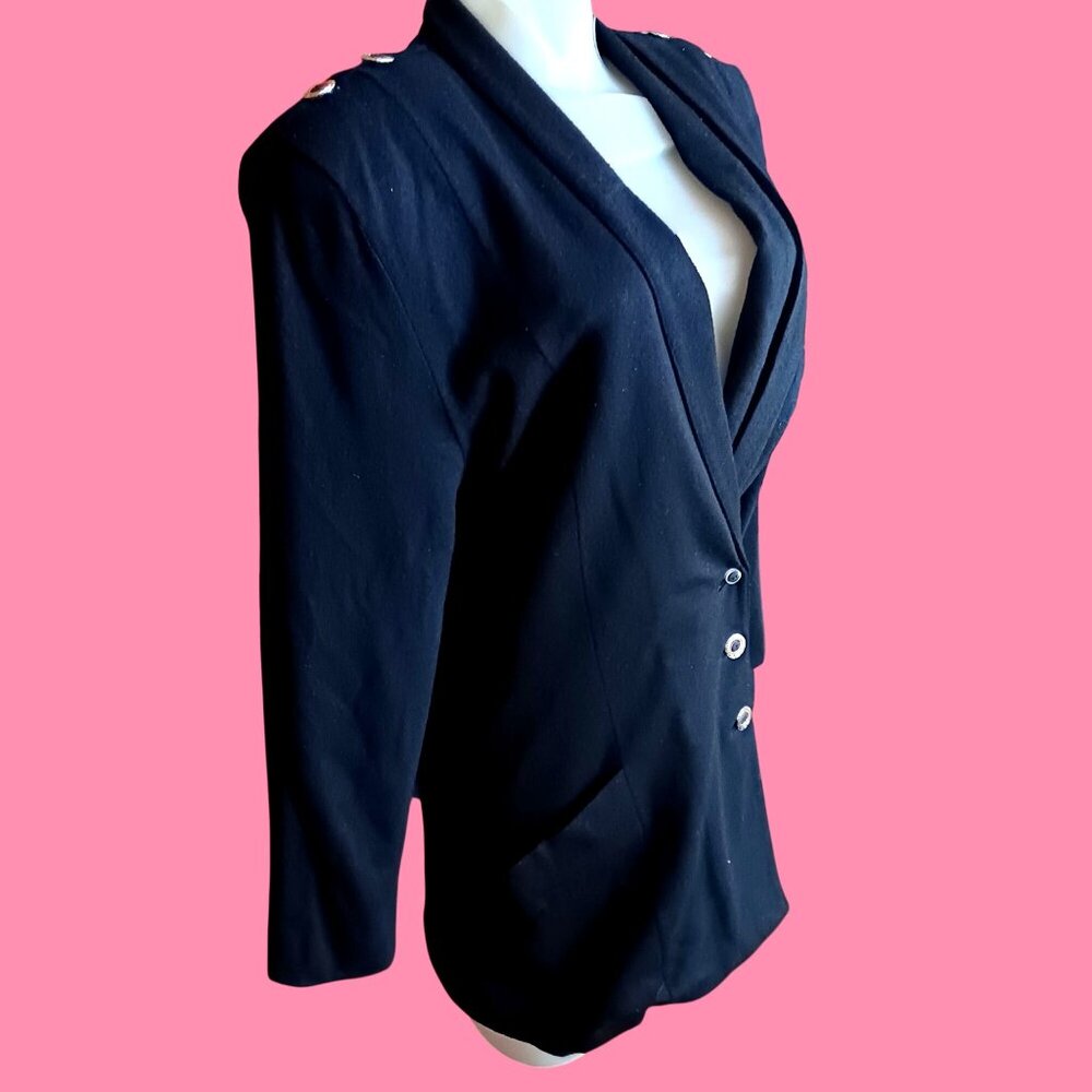Vintage Char Black Wool Blazer Jacket Sz 10 Shoulder Drape Buttons Made In USA